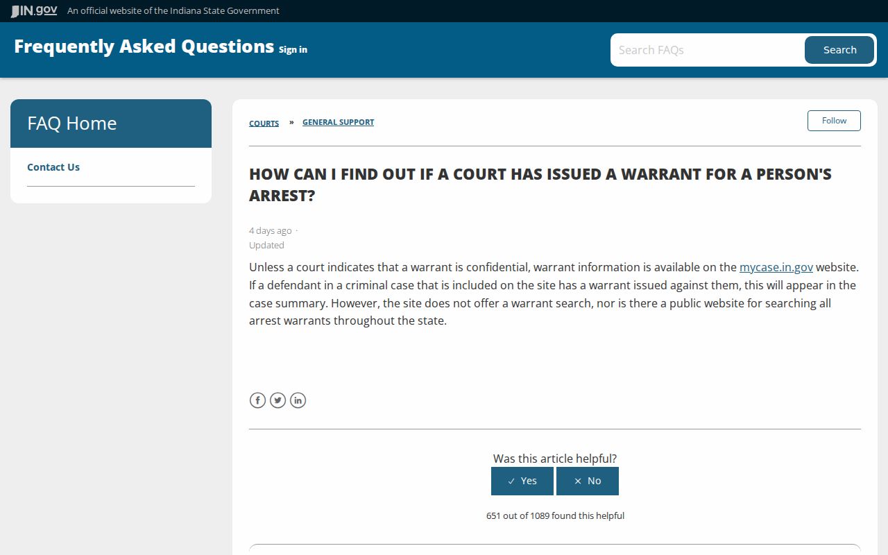 Indiana Judicial Branch warrant FAQ for Pulaski County searches