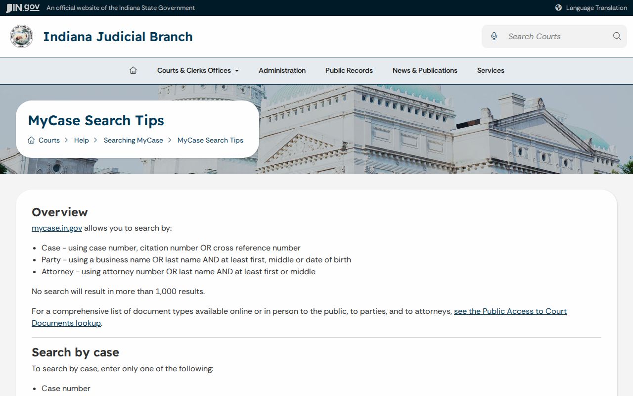 Indiana MyCase search tips for narrowing Pulaski County case results