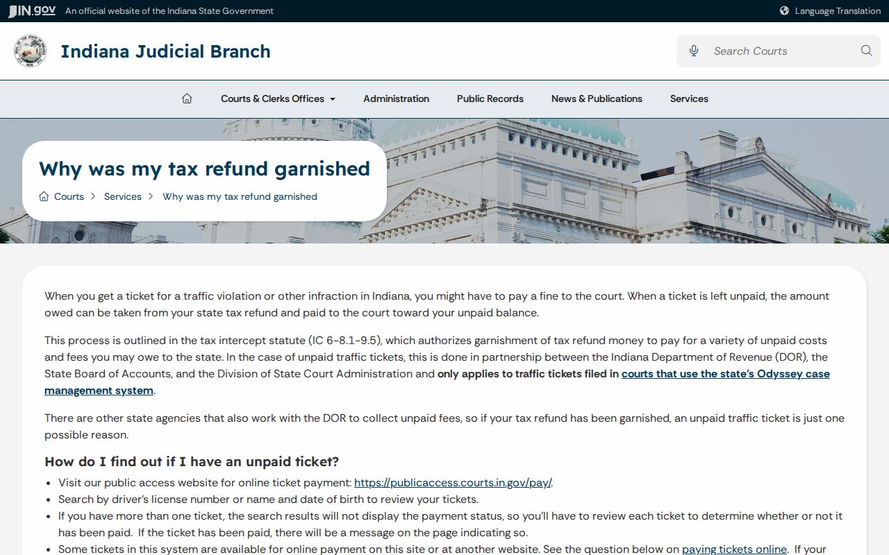 Indiana court page on tax refund interception for court debt