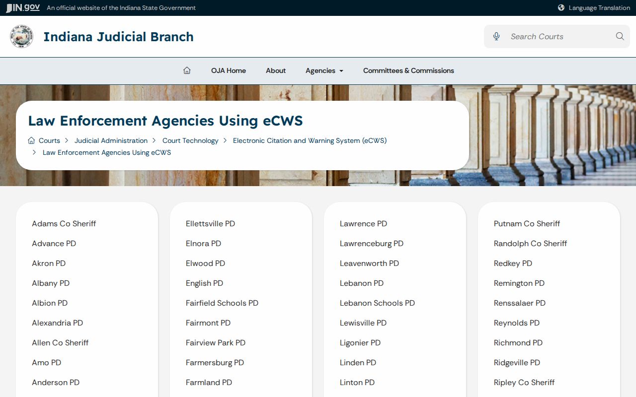 Indiana eCWS list including Medaryville Police Department